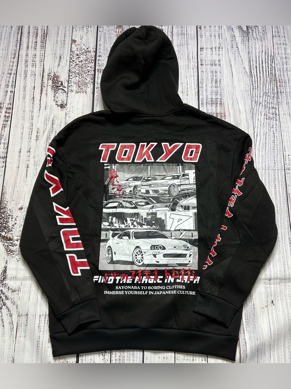 NWOT Tokyo JDM Graphic Black Hoodie with Red and White Accents